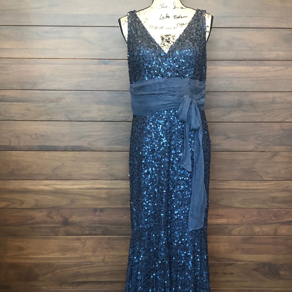 Sequin Floor length Blue V Neck Dress and V Back